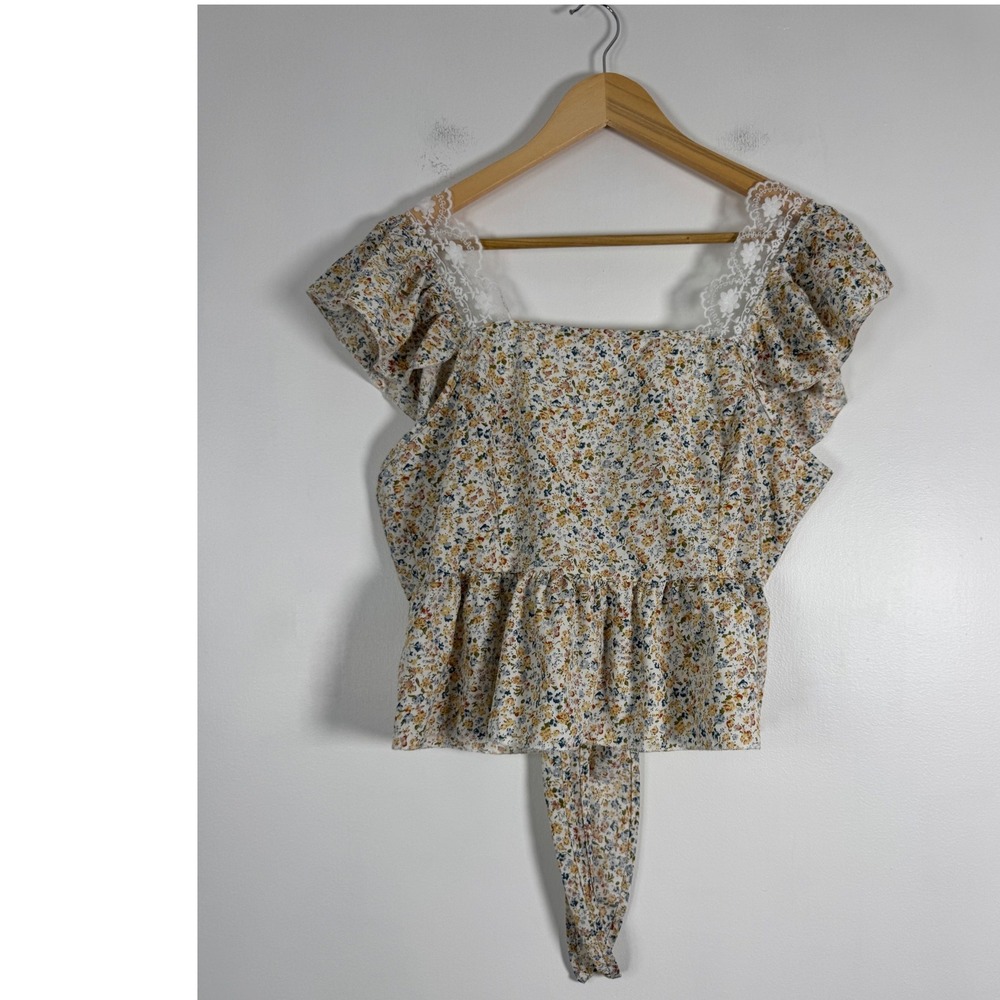 Cottagecore Prairie Womens M Floral Peplum Top Multicolor Lace Open Back Tie